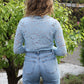 Kanten mesh top met lange mouwen en ronde hals Tess | Lichtblauw - Iristra